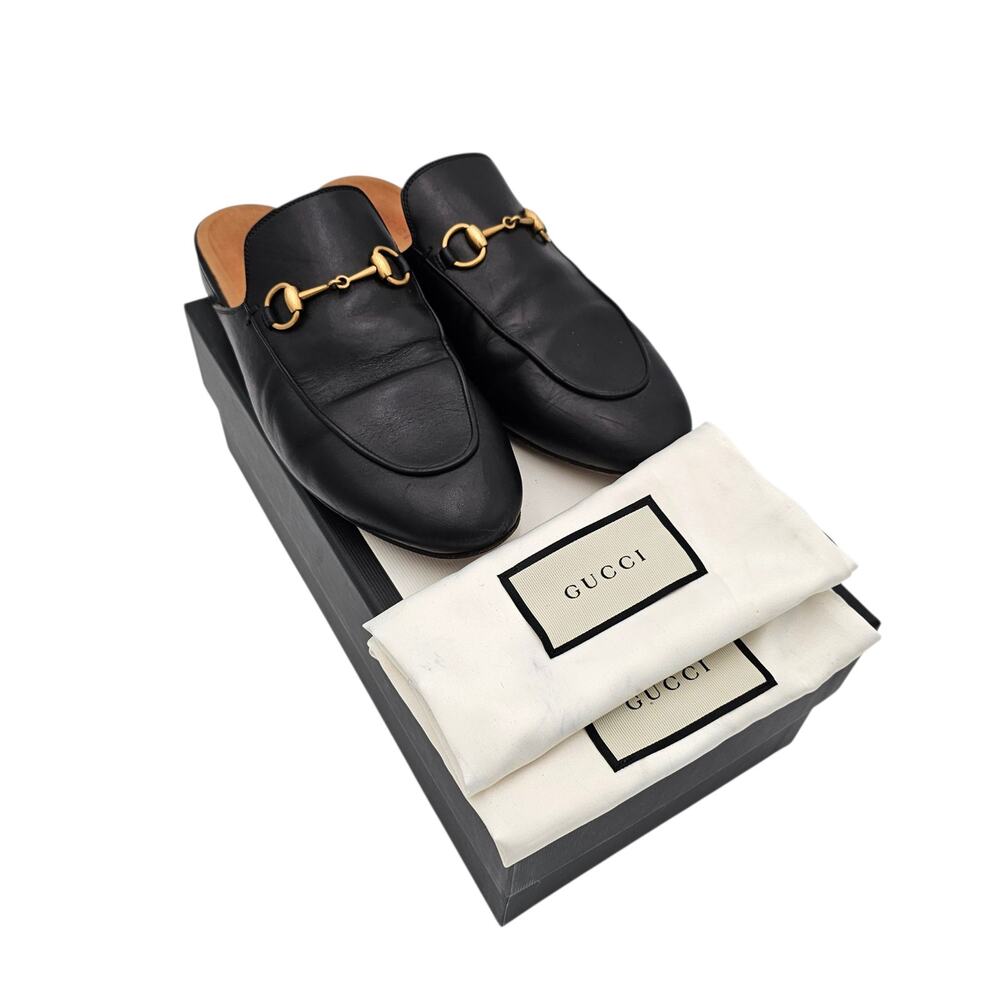 Gucci Princetown Horsebit Flat Mule Black Leather Slipper Size 38.5 US 8.5 - Picture 2 of 10